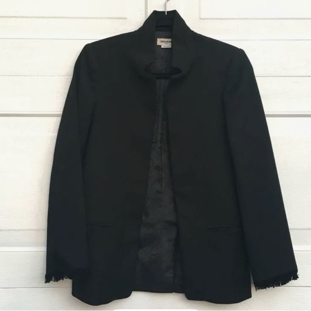 Zadig & Voltaire Paris Black Open-Front Blazer Volly Frange with Frayed Cuffs